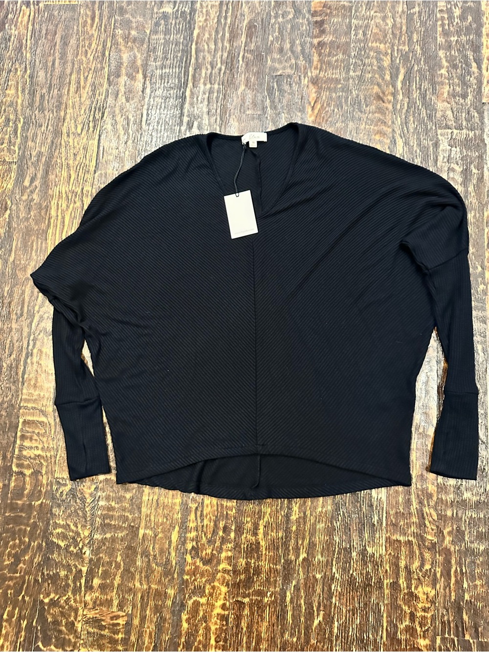 Elan Black Ribbed Dolman V-Neck Top NWT